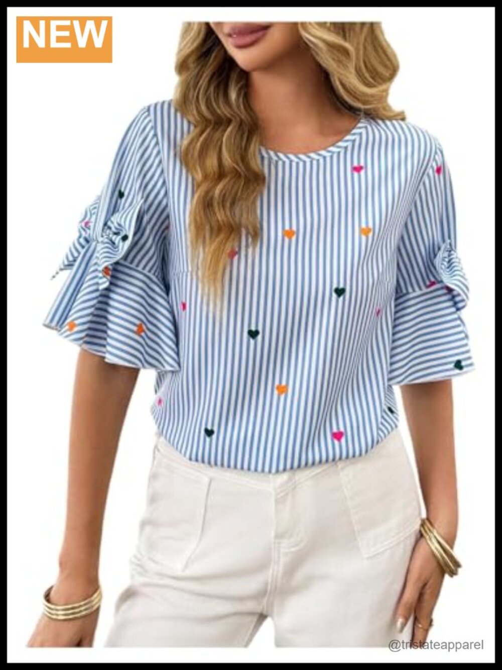 Women's Heart Print Striped Blouse Half Sleeve Bow Knot Keyhole Back Top